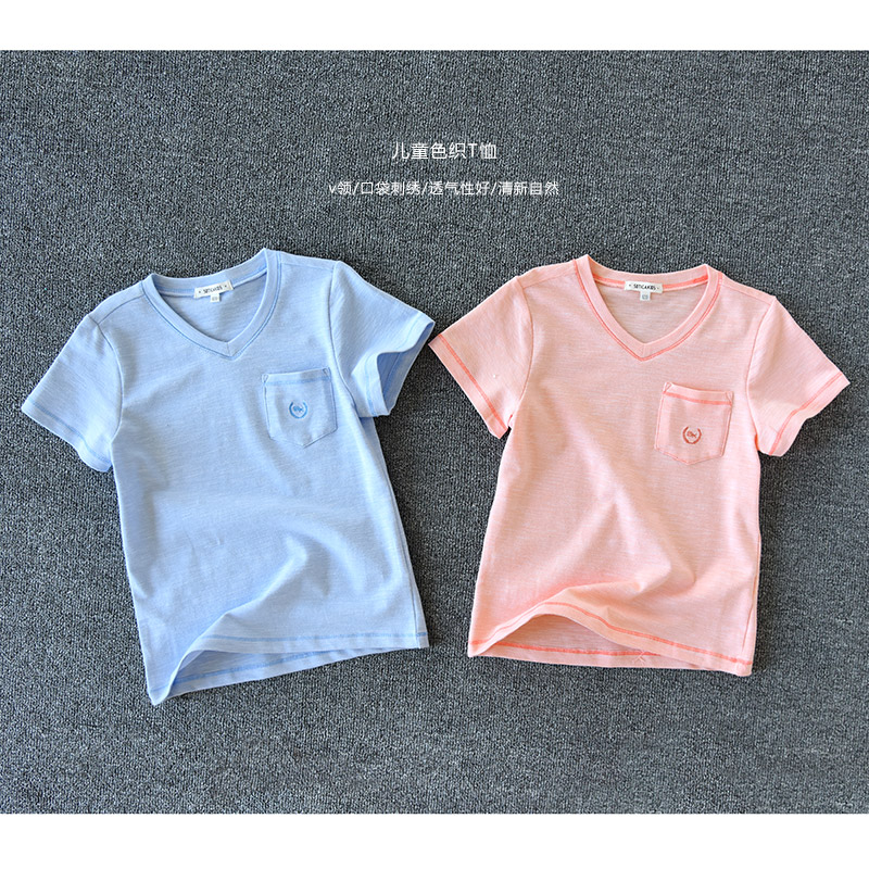 Trẻ em làm mới sợi nhuộm bông lưới V-cổ ngắn tay T-Shirt chàng trai và cô gái thoáng khí mát mẻ mùa hè mỏng