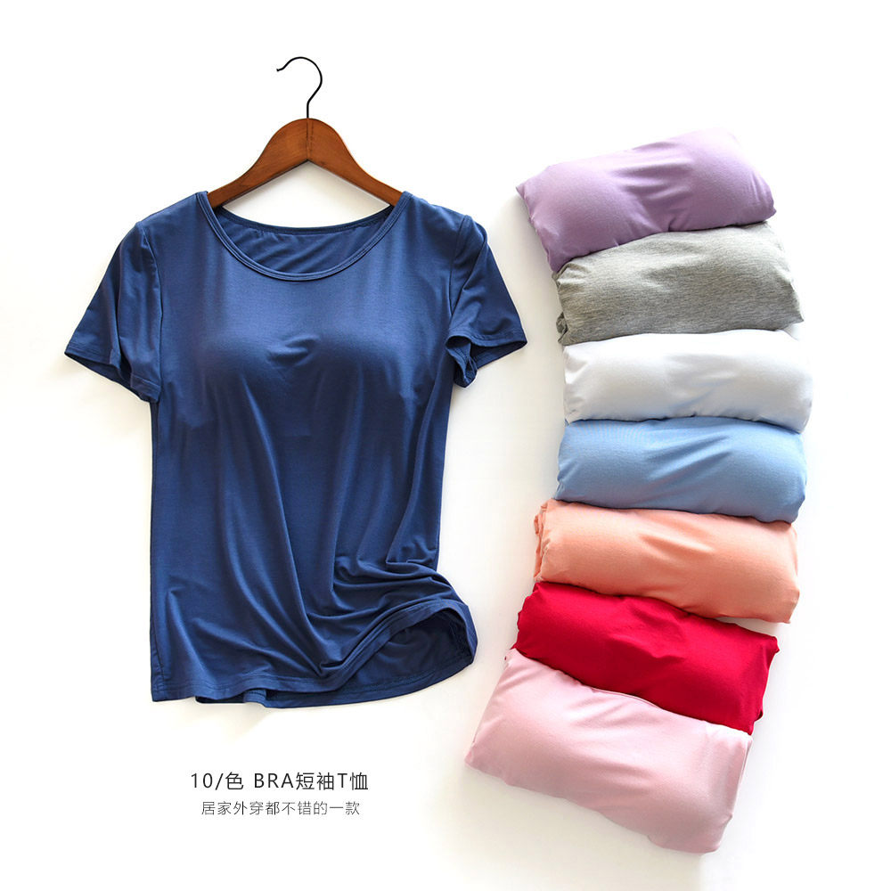  Short sleeve T-shirt with BRA in summer a convenient lady with chest cushion stay-at-home T