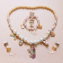 Diamond Unicorn Girl Children Baby Girl Jewelry Princess imitation pearl necklace bracelet ring earring set