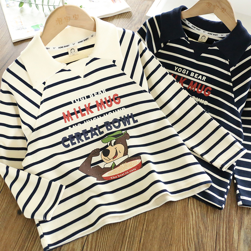 23 autumn new male and female child polo shirt sweatshirt spring autumn children casual loose 100 lapped foreign air striped headcoat blouses-Taobao