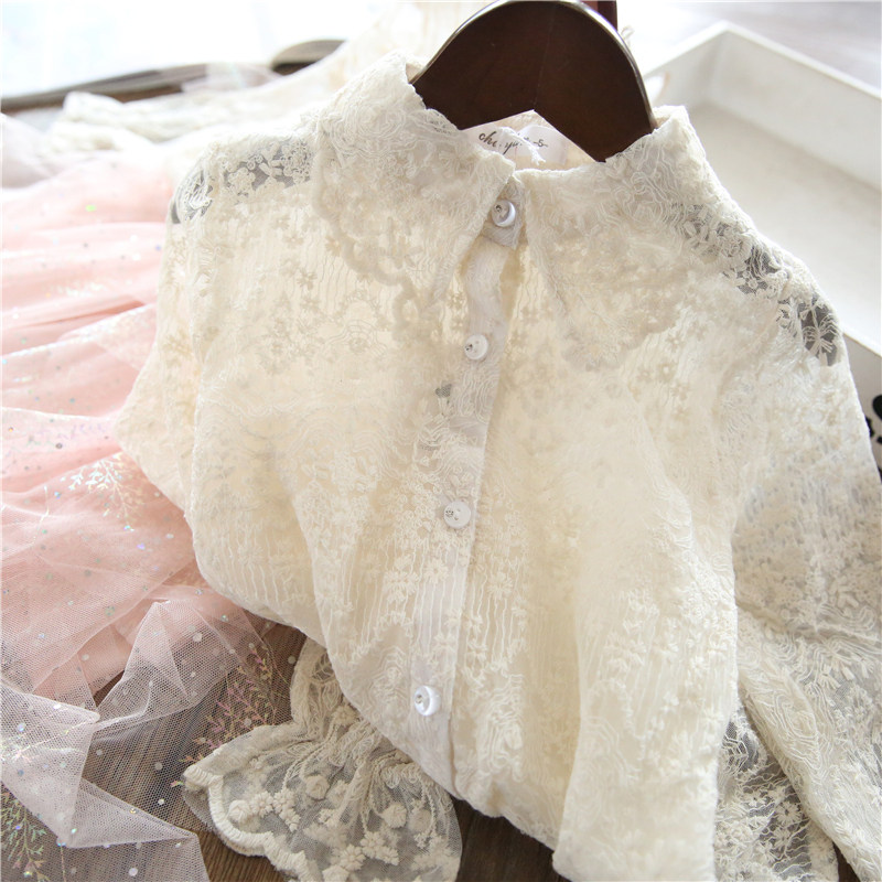 Sweet and unzappable ~ Girl soft lace sun shirt Han Edition children long sleeve leap princess blouse in spring and summer