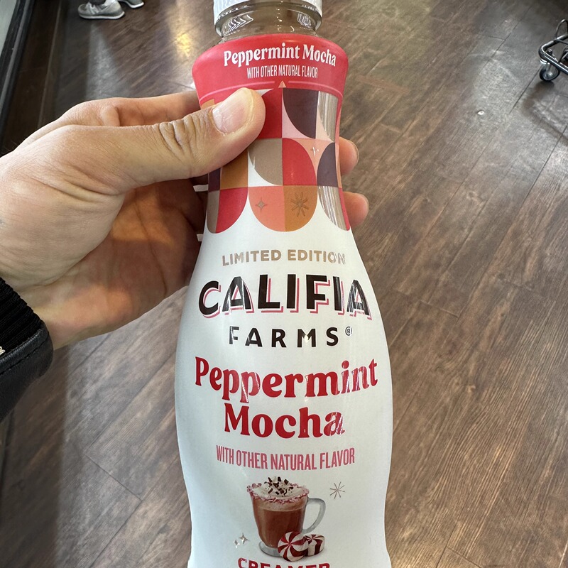 Plant-Based Creamer with Almond Mint Mocha Coffee Flavor Caliafia Farms Peppermint Mocha