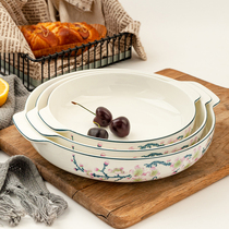 Jinyu Jade retro bone china double ear plate round soup plate deep plate Chinese plate household anti-scalding plate
