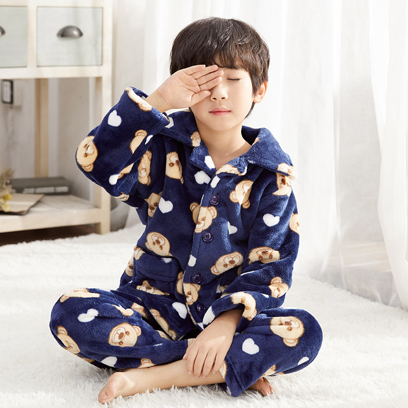 Autumn Winter Children Sleepwear Flannel Boy's Home Conserved Baby Thickened Boy Coral Suede Pajamas Suit