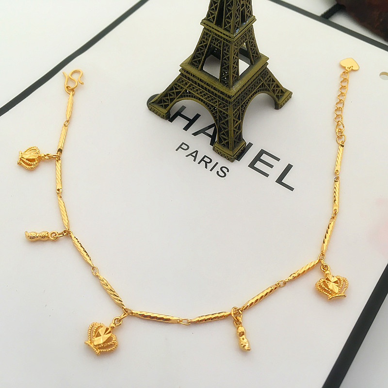 Mới đồng xu mạ vàng 24K Vòng chân vương miện giọt nước đa năng cát vàng trang sức vòng chân điều chỉnh thời gian dài không phai phụ kiện thời trang nữ