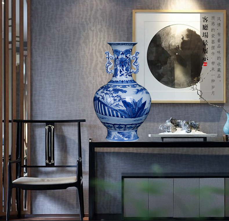 Jingdezhen ceramic tong qu ears statute of blue and white porcelain vase of new Chinese style household flower arrangement sitting room adornment is placed