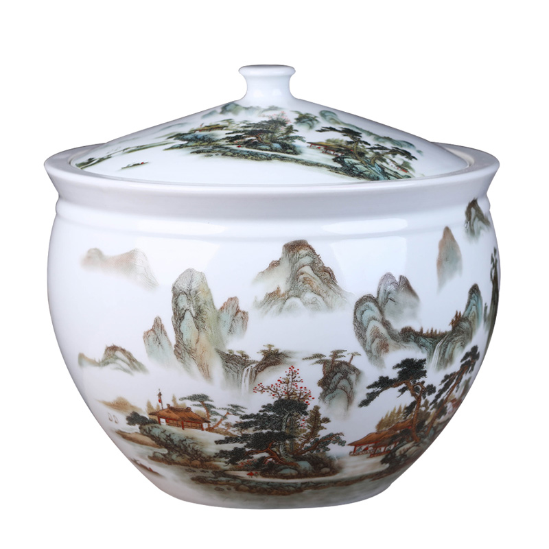 Blue and white landscape of jingdezhen ceramics pu 'er tea pot seal pot of tea gift box packaging household receives gifts