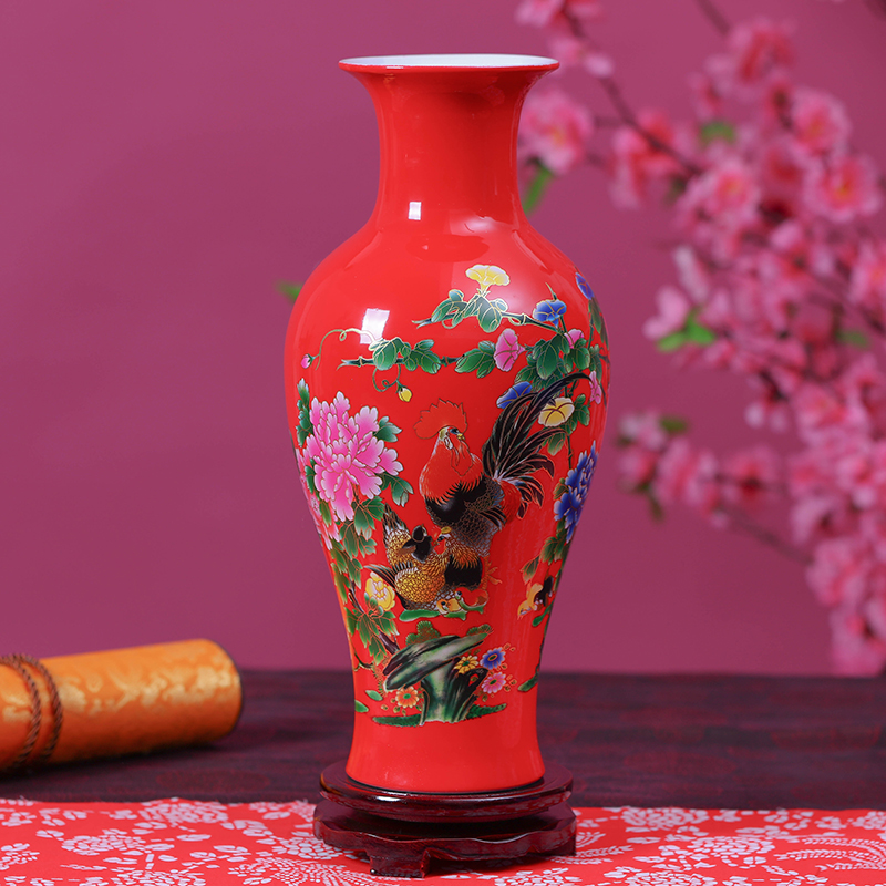 Jingdezhen ceramics China red vase furnishing articles sitting room flower arranging creative rooster home decoration of Chinese style three - piece suit