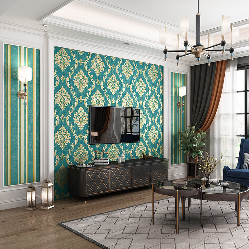 European fine embossed relief wallpaper Living room bedroom Damascus large flower vertical stripe non-woven background wall AB version wallpaper