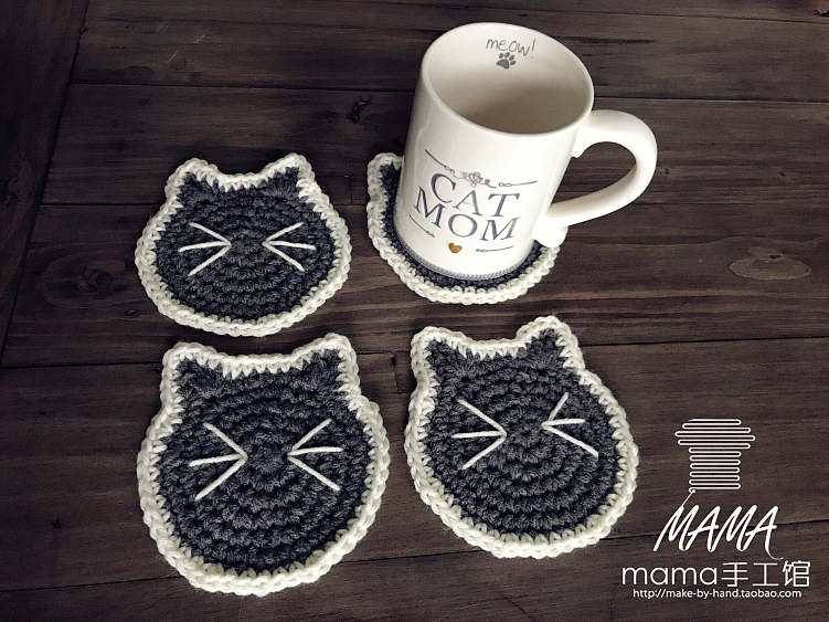 Finished product mama handmade museum Japanese simple and wild wool knitted insulation coaster Cat Meow Meow head moe