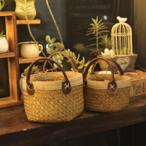 Flower basket rattan portable basket photo props storage basket straw desktop living room creative Nordic retro flower decoration