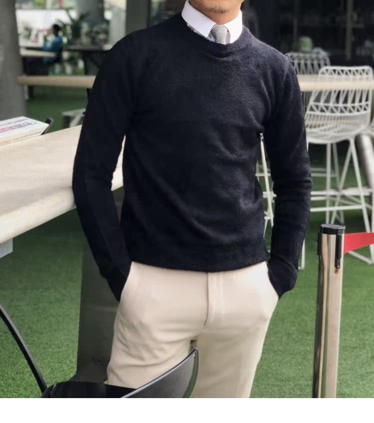 2018 thu đông nam gầy cổ tròn kéo mohair áo len dài tay Hàn Quốc áo len giản dị phụ kiện nam