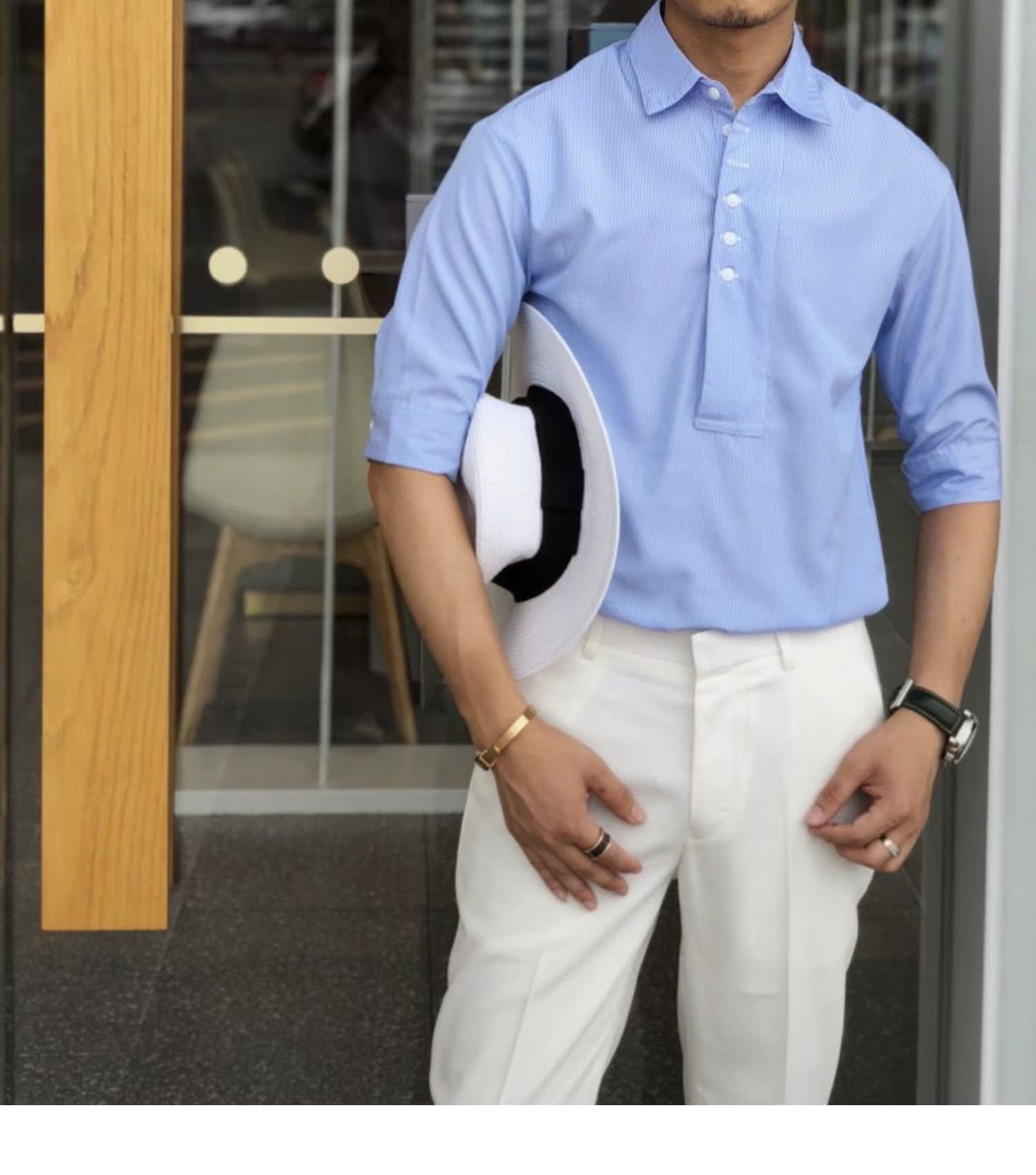 Mùa hè 2019 Hàn Quốc bf Phong cách áo sơ mi nam nam triều cổng thời trang tay áo năm điểm tay áo sọc nam - Áo sơ mi nam trắng