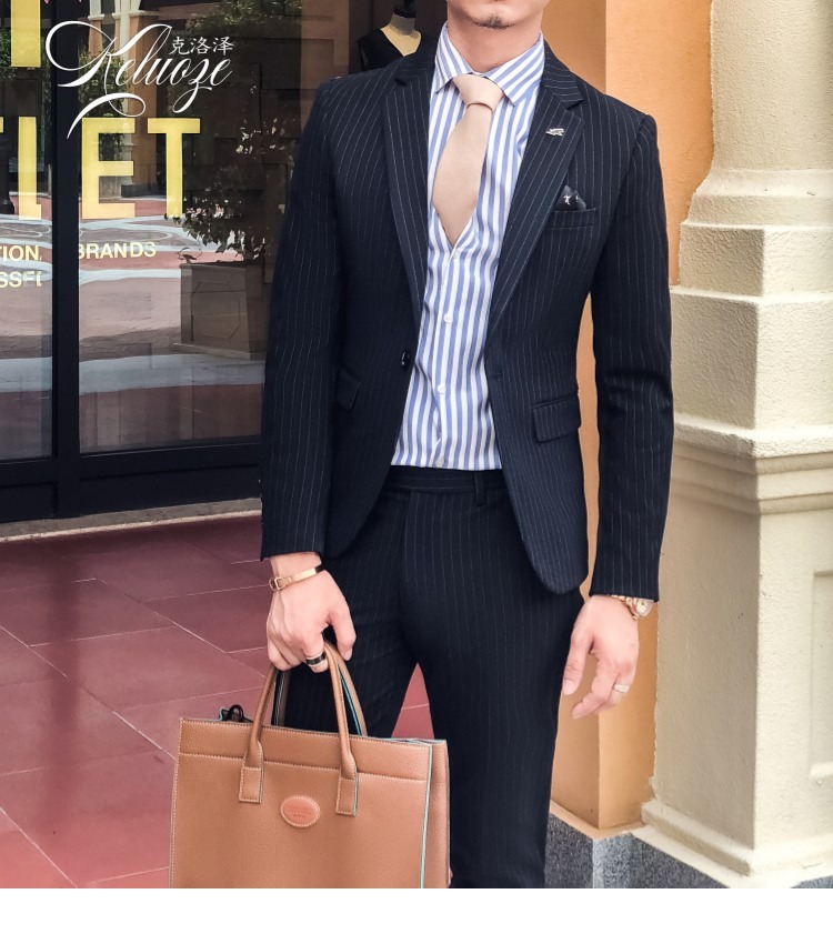 2018 mới phù hợp với sọc phù hợp với nam phiên bản Hàn Quốc của một khóa Slim cao cấp nhỏ phù hợp với Anh hai mảnh quần âu