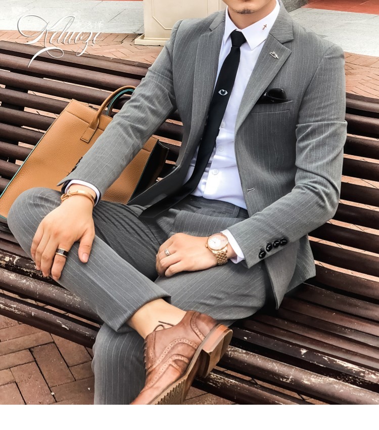 2018 mới phù hợp với sọc phù hợp với nam phiên bản Hàn Quốc của một khóa Slim cao cấp nhỏ phù hợp với Anh hai mảnh quần âu