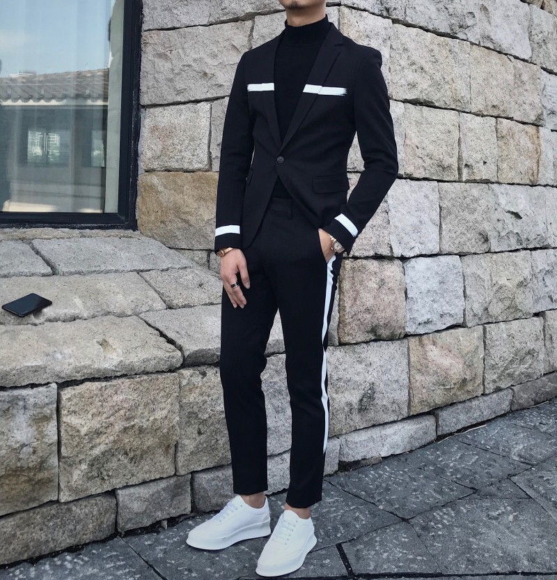 Ngôi sao lớn 2018 trình diễn catwalk thời trang phù hợp với bộ đồ nhỏ phù hợp với phiên bản Hàn Quốc màu trắng tương phản màu sắc phù hợp với bộ đồ hai mảnh quần tây nam