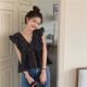 ເສື້ອຍືດແຂນ V-neck Floral Fly Sleeve ຂອງແມ່ຍິງລະດູຮ້ອນ ການອອກແບບໃຫມ່ ແອວ ruffled Vest ເສື້ອ doll ເທິງ