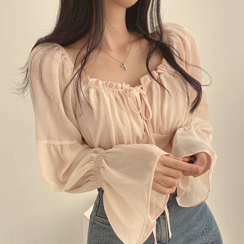 П Spring fitted brace, шифон мегагон, короткая рубашка, корейский стиль, французский стиль, квадратный вырез