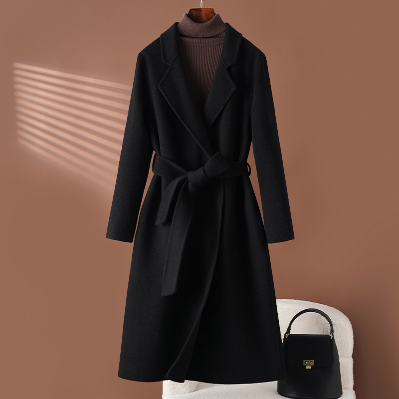 Black Double-Sided Wool Coat for Women, Mid-Length, 2025 New Autumn and Winter High-End Hepburn Style Age-Reducing Jacket