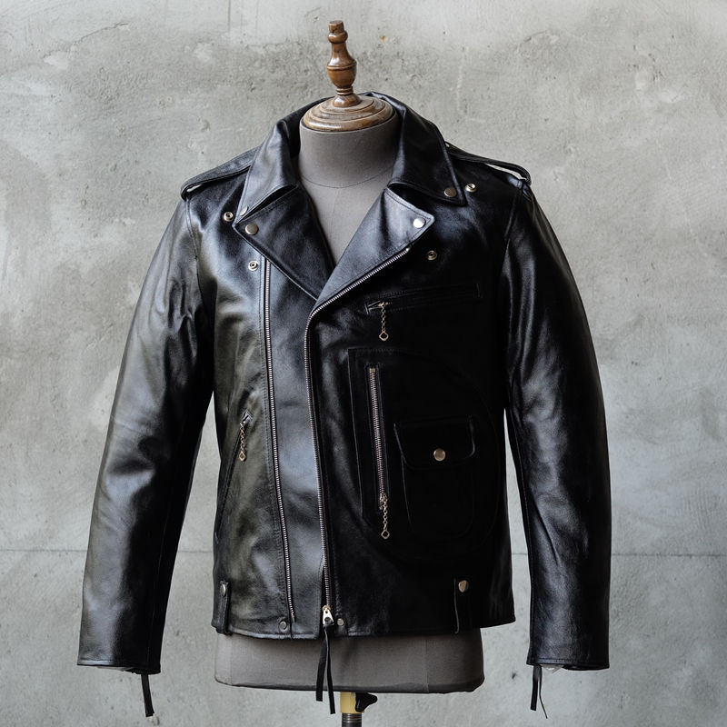 J24 Fierce Cowhide Classic Replica Genuine Leather Jacket Retro Jacket with Diagonal Zipper Men's Coat