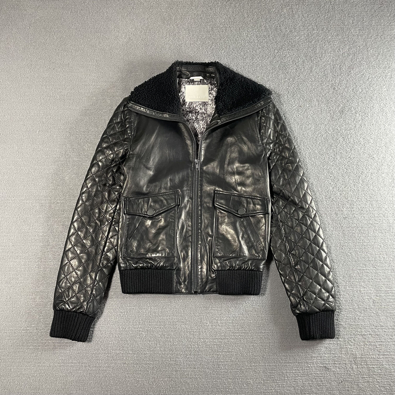 Export Surplus Women's First-Layer Sheepskin Jacket, Genuine Leather, Lapel, Slim Fit, Short Style, Autumn and Winter Leather Jacket, Casual