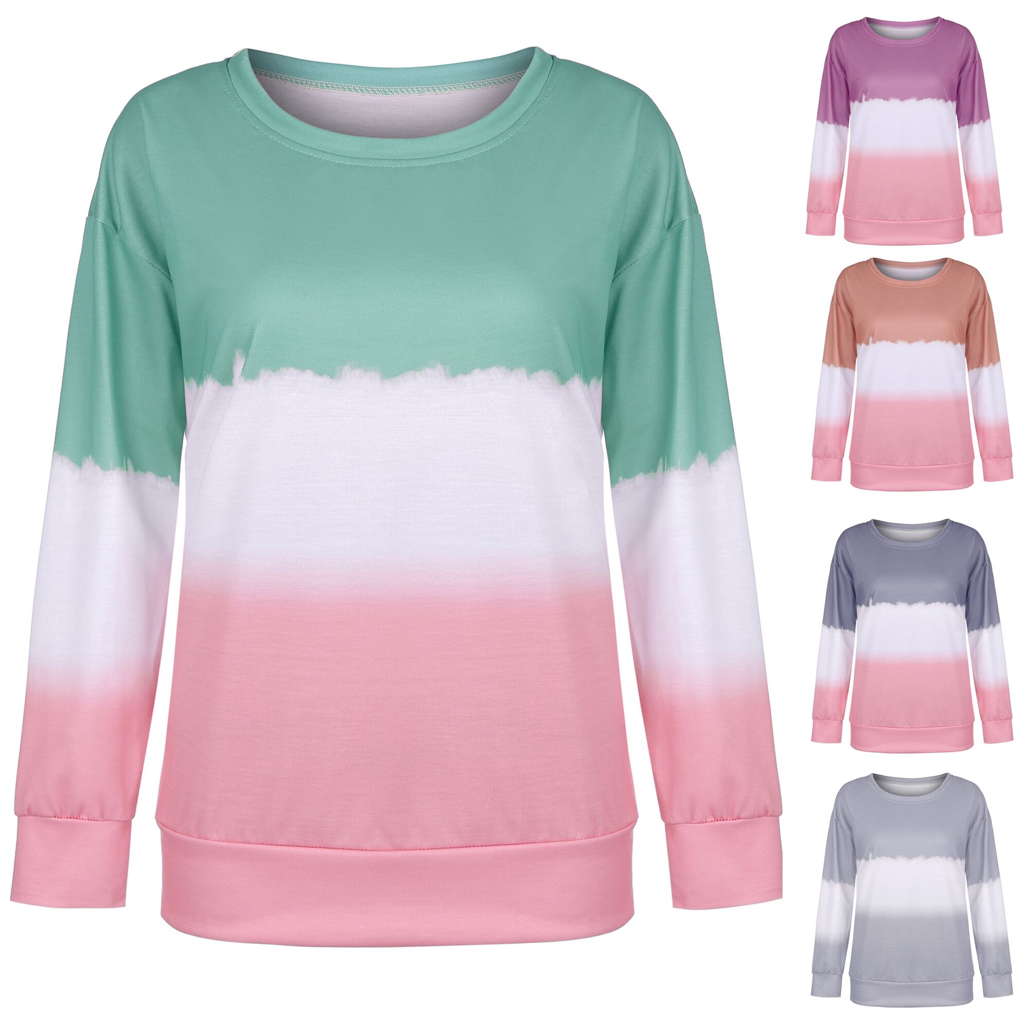 women's printed tie-dye gradient long-sleeved round neck T-shirt sweater NSYF1843