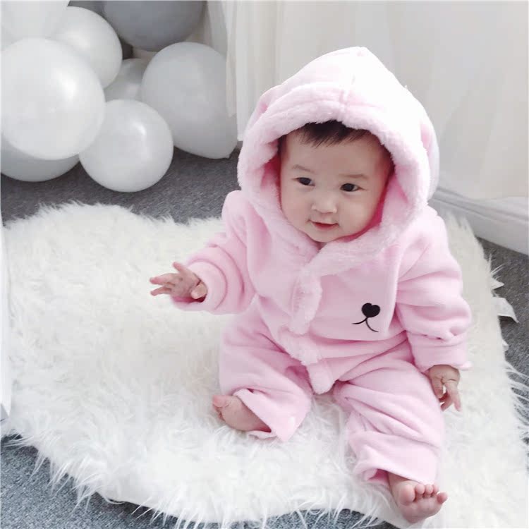 Quần áo màu đỏ cho bé mùa đông nam và nữ bé dễ thương kiểu dáng quần áo động vật dính liền quần áo nhung romper chó năm bodysuit bé trai 0-24 tháng