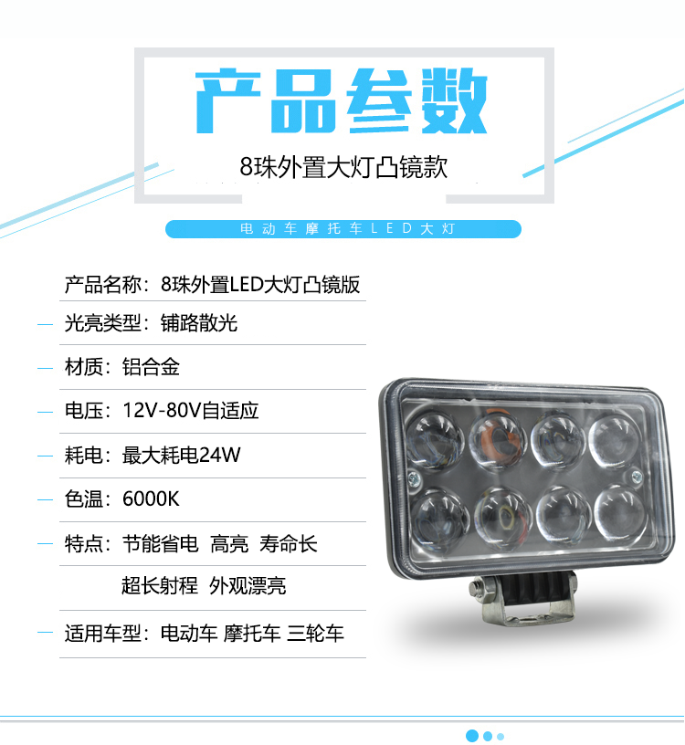 Светодиодная фара для электромобиля и мотоцикла Jie Longpeng (8 LED)
