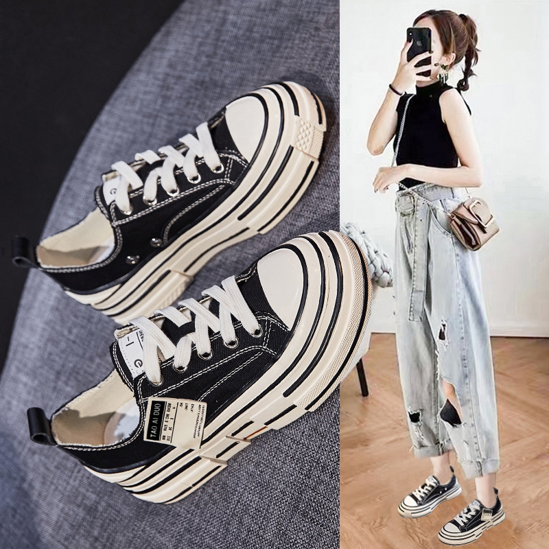 South Korea Tidal Wave 2022 Spring Small White Shoes Sails Fabric Shoes Thick Bottom 100 Hitch Mesh Red Casual Board Shoes Inside Heightening Women's Shoes 