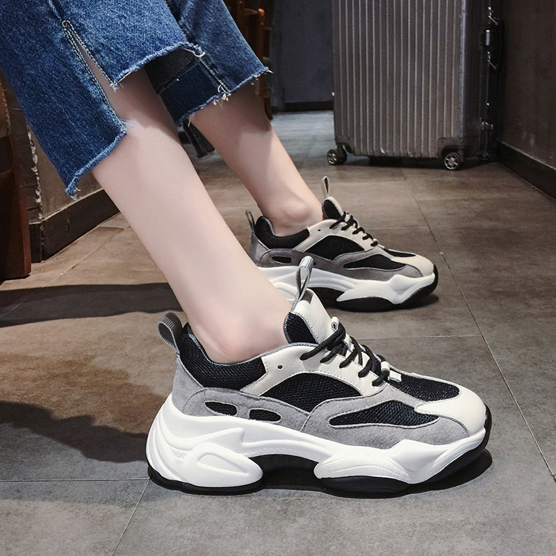 South Korean ins superfire old daddy shoes women 2022 new 100 lapped thick bottom heightening shoes genuine leather sports casual shoes subtidal