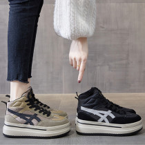 South Korean father shoes womens tide 2021 autumn and winter new womens high-top cotton shoes Joker thick bottom pine cake casual shoes