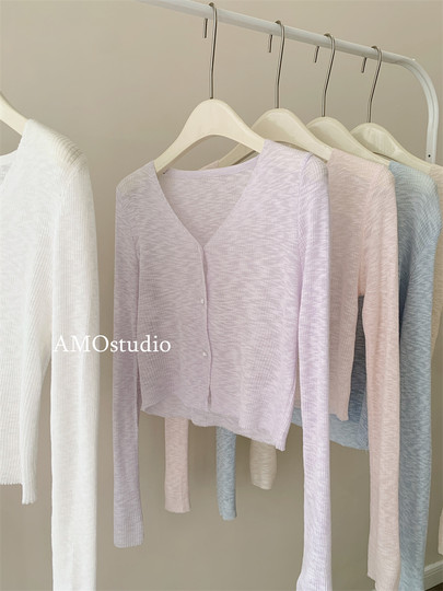 V-Neck Gentle Ice Silk Knitted Sun Protection Cardigan for Women, Thin Burgundy Pearl Button Short Chic Outerwear