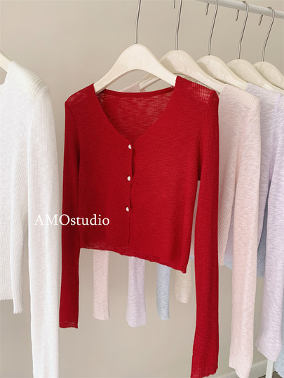 V-Neck Gentle Ice Silk Knitted Sun Protection Cardigan for Women, Thin Burgundy Pearl Button Short Chic Outerwear