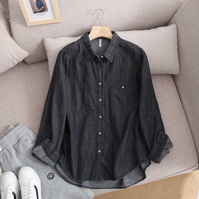 High-End Quality Goods~ Black Denim Shirt, Long-Sleeved, Loose-Fitting, Korean Style, Trendy Outerwear for Women, ins Shirt, New Autumn/Winter 2023 Model