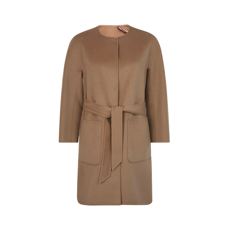 MAX MARA PURE wool CAMEL round neck belted nightgown double side pocket women's coat