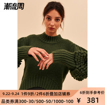 C MEO multi-color French style cuffs pom decoration ladies semi-turtleneck sweater