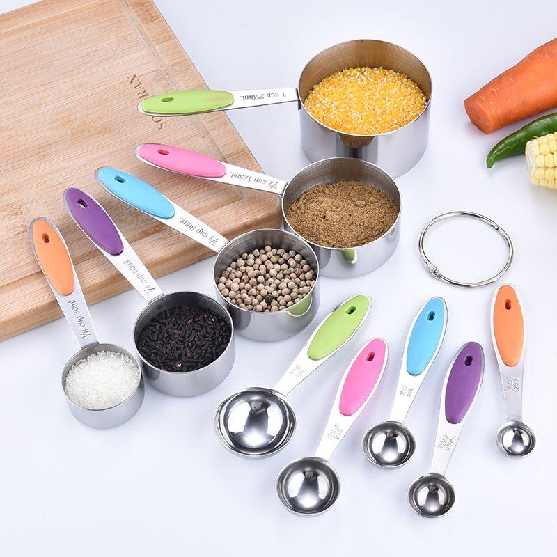 Stainless steel silica gel handle quantity cup measuring spoon baking instruments with a dozen sets of pieche baing spoon set