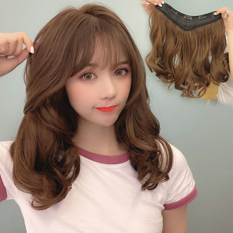 One piece fluffy short hair piece Wig women V-shaped large wavy curl wig piece invisible traceless hair extension wig