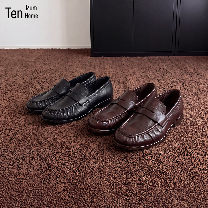 Ten Mum Home Large Size Women's Cowhide 2.5cm Thick Heel Round Toe Retro Pleated Loafers Size 40-42