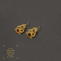 Ming Dynasty fillet inlaid red sapphire earrings Hanfu jewelry headdress restoration ancient gold and silver ancient shape