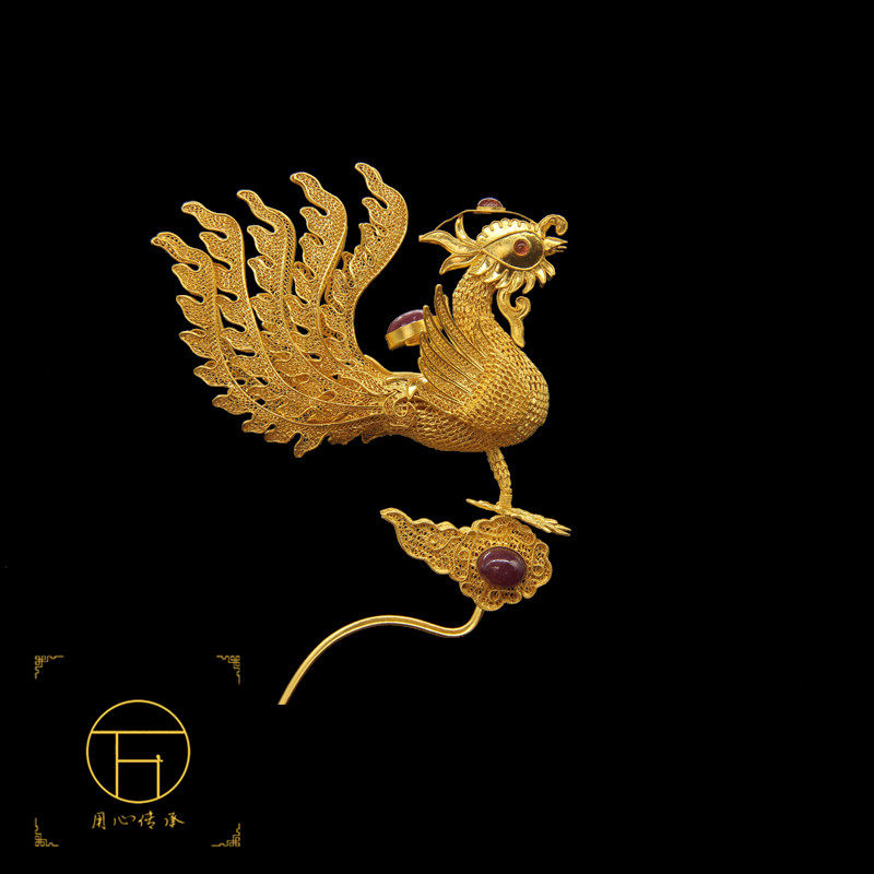 Retro palace filigree inlaid silk ancient gold and silverware standing phoenix hairpin headdress pair of hairpin ancient clothing side hairpin