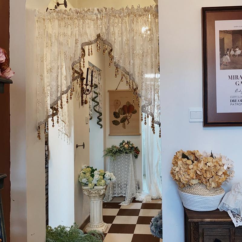 「Xiqing」Villa Soft Furnishings Retro Gilt Coffee-Colored Embroidered Lace Short Sheer Curtain No-Drill Arch-Shaped Door Curtain 「Xiqing」Villa Soft Furnishings Retro Gilt Coffee-Colored Embroidered Lace Short Sheer Curtain No-Drill Arch-Shaped Door Curtain