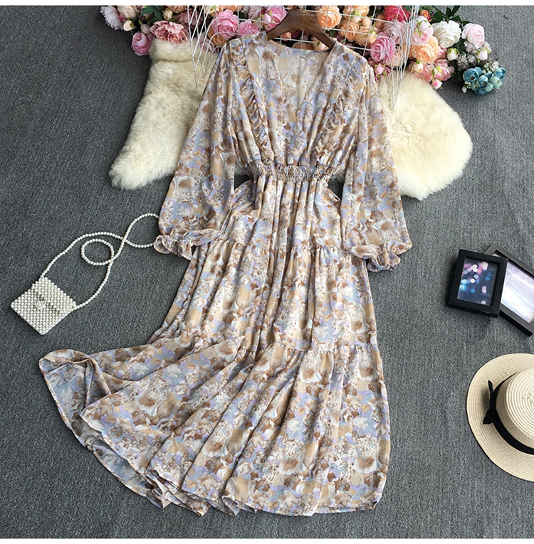 long sleeve large swing v neck waist flower print dress NSYXG133612