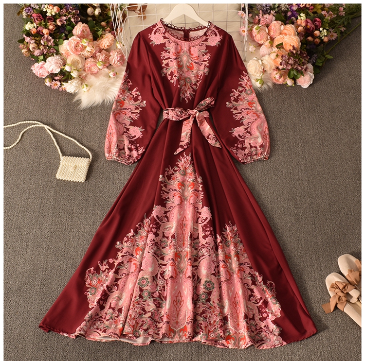 print Palace style long puff sleeves lace-up slim large swing dress NSYXG124773