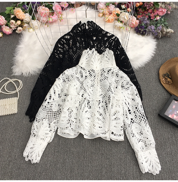 solid color embroidery retro lace lantern sleeve top NSYXG124471