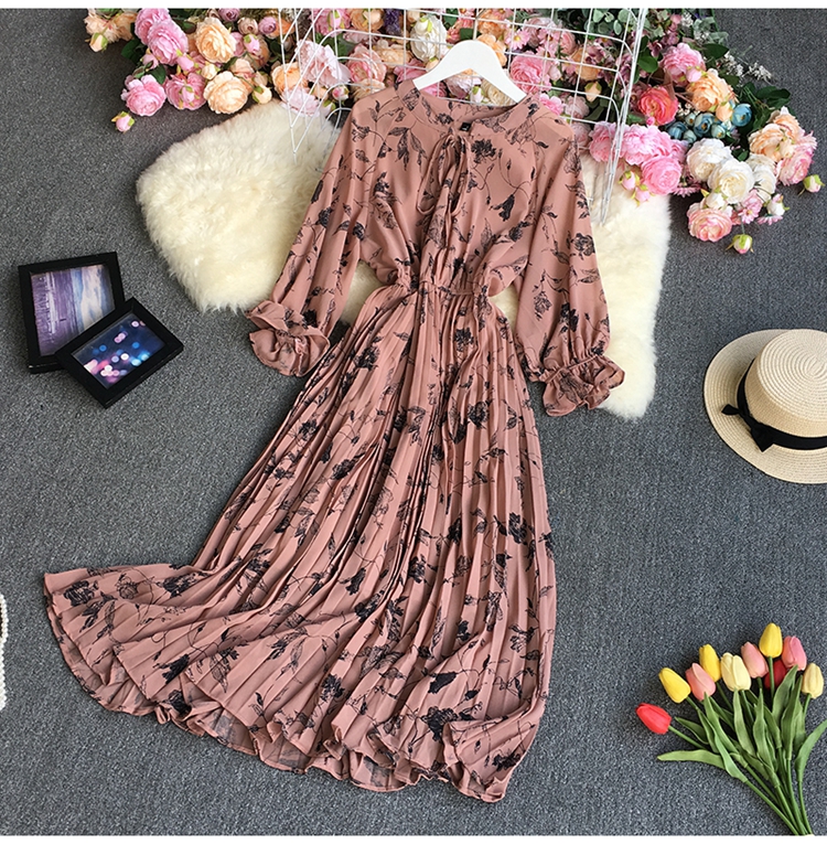 Chiffon pleated print long sleeve large swing lace-up dress NSYXG124275