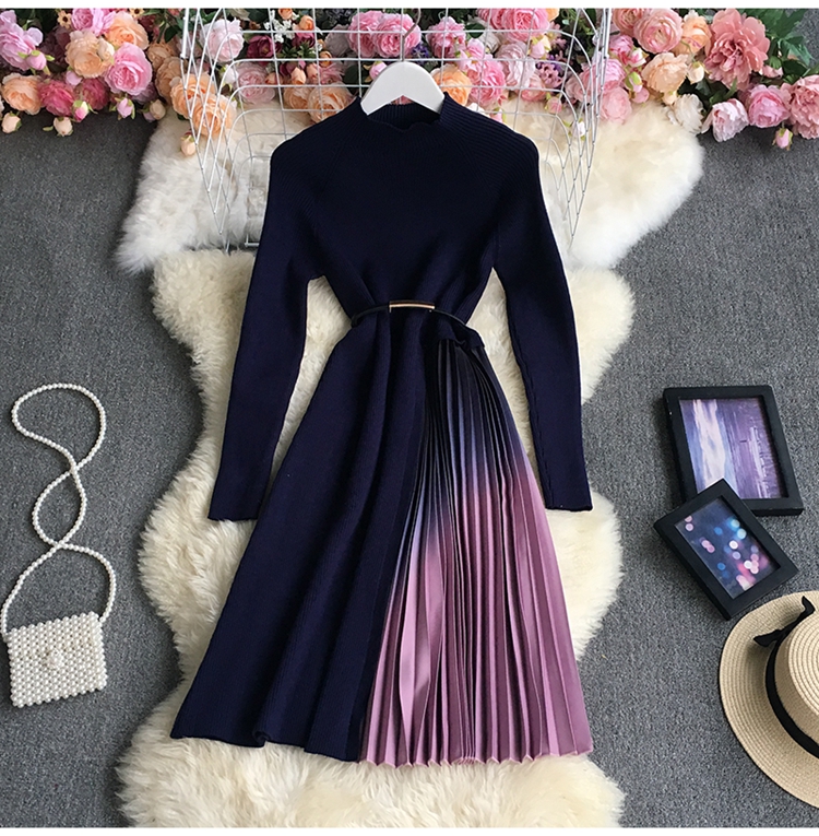 knitted pleated gradient color Stand-up collar slim long sleeve dress NSYXG124760