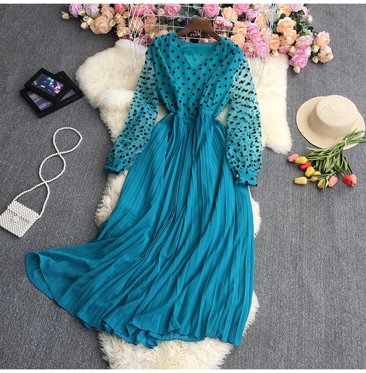 pleated Polka Dot long sleeve v neck waist long Dress NSYXG132192