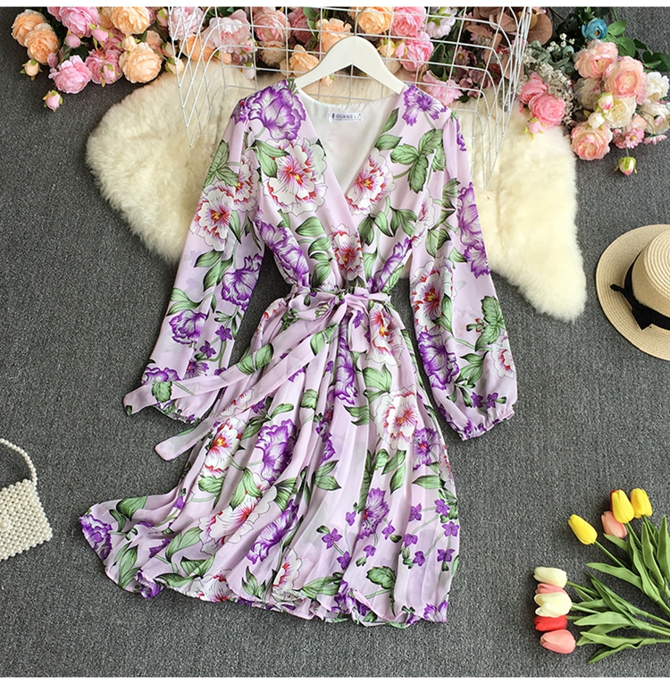 chiffon pleated floral Puff sleeves V-neck lace-up dress-Multicolor NSYXG131783