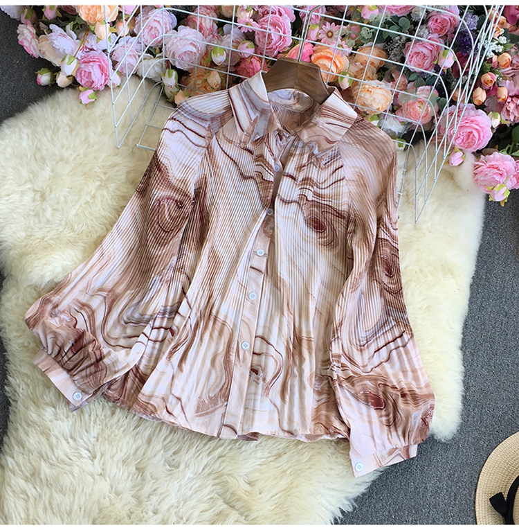 pleated print long puff sleeve loose shirt NSYXG124849